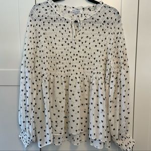 White Heart Print Smocked Peasant Blouse